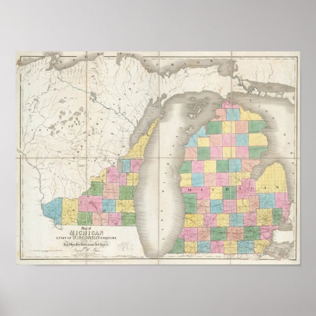 Pôster Mapa de Michigan e Parte do Território de Wisconsi (Frente)