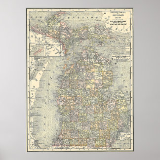 Pôster Mapa de Michigan em 1901