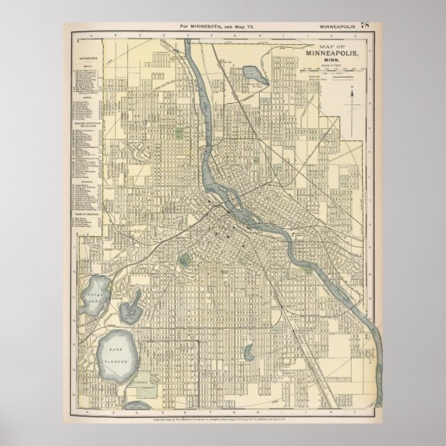 Pôster Mapa de Minneapolis MN (1891) (Frente)