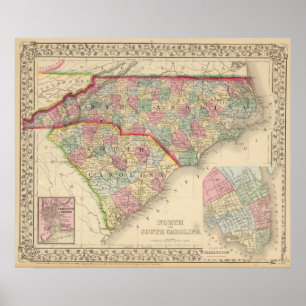 Pôster Mapa de N & de S Carolina por Mitchell