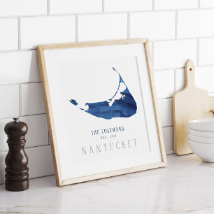 Poster Mapa de Nantucket em Aquarela Azul Família Constit