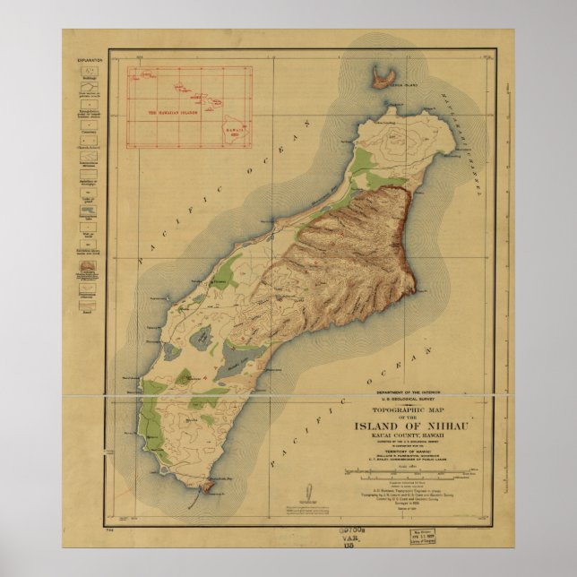 Pôster Mapa de Niihau, Ilhas Havaianas, em 1929 (Frente)