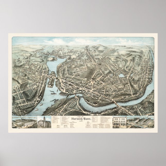 Pôster Mapa de Norwich, CT de 1876 (Frente)