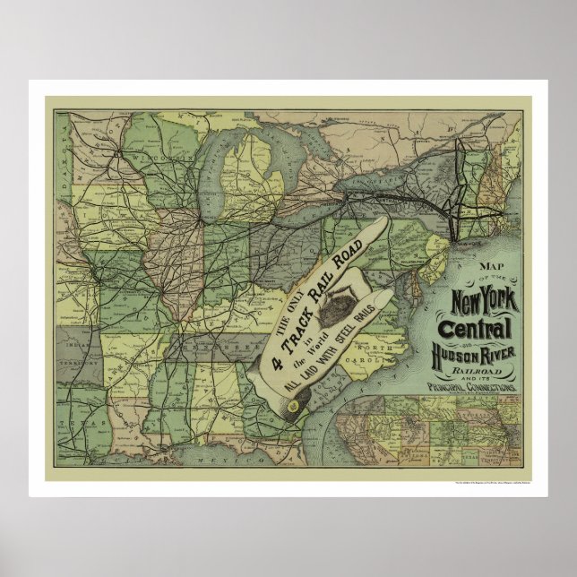 Pôster Mapa de Nova Iorque Central e Hudson Railroad 1876 (Frente)