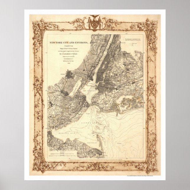 Poster Mapa de Nova Iorque e arredores de Lindenkohl 1860 (Frente)