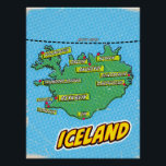 Pôster Mapa de Nova Iorque ilustrado com pop Art<br><div class="desc">Um mapa do estilo pop da Islândia com um fundo azul brilhante e um padrão pontilhado. O mapa propriamente dito é verde com contornos pretos e apresenta várias cidades e cidades marcadas com pontos vermelhos e bolhas de fala amarelas. Os nomes das cidades são escritos em letras brancas dentro a...</div>
