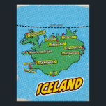 Pôster Mapa de Nova Iorque ilustrado com pop Art<br><div class="desc">Um mapa do estilo pop da Islândia com um fundo azul brilhante e um padrão pontilhado. O mapa propriamente dito é verde com contornos pretos e apresenta várias cidades e cidades marcadas com pontos vermelhos e bolhas de fala amarelas. Os nomes das cidades são escritos em letras brancas dentro a...</div>