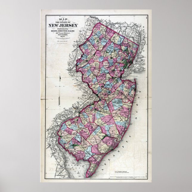 Pôster Mapa de Nova Jersey em 1872 (Frente)