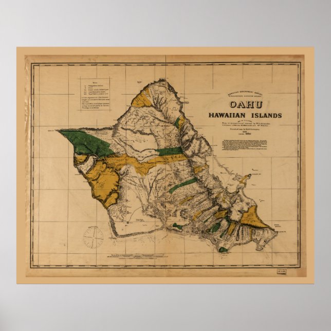 Poster Mapa de Oahu, Ilha do Havaí (1881) (Frente)