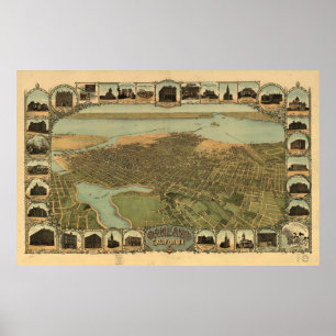 Pôster Mapa de Oakland, Pássaro-Olho Vista, 1900