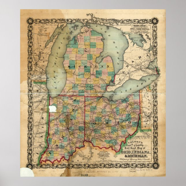 Pôster Mapa de Ohio, Indiana & Michigan (1859) (Frente)