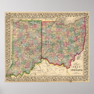 Pôster Mapa de Ohio, Indiana por Mitchell