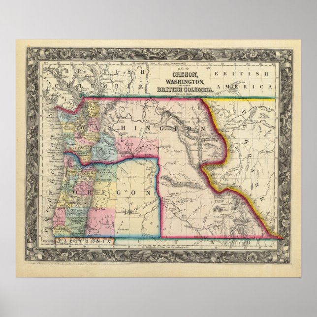 Poster Mapa De Oregon, Washington (Frente)