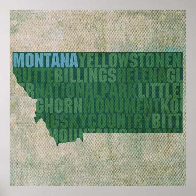 Poster Mapa de Palavras de Contorno do Estado de Montana  (Frente)