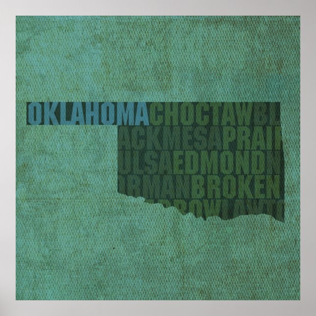 Poster Mapa de Palavras de Contorno do Estado de Oklahoma (Frente)