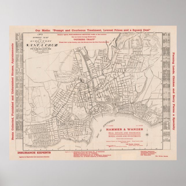 Poster Mapa de Papais noeis Cruz CA (1909) Cidade do Surf (Frente)