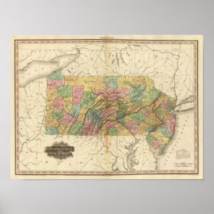 Pôster Mapa de Pensilvânia e de New-jersey