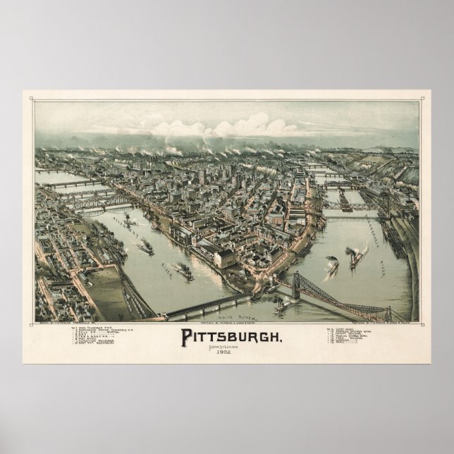 Pôster Mapa de Pittsburgh (Fowler) - 1902, BigMapBlog.com (Frente)