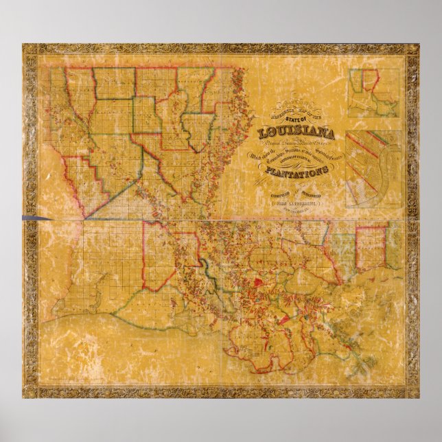 Poster Mapa de Plantações da Louisiana em 1848 (Frente)