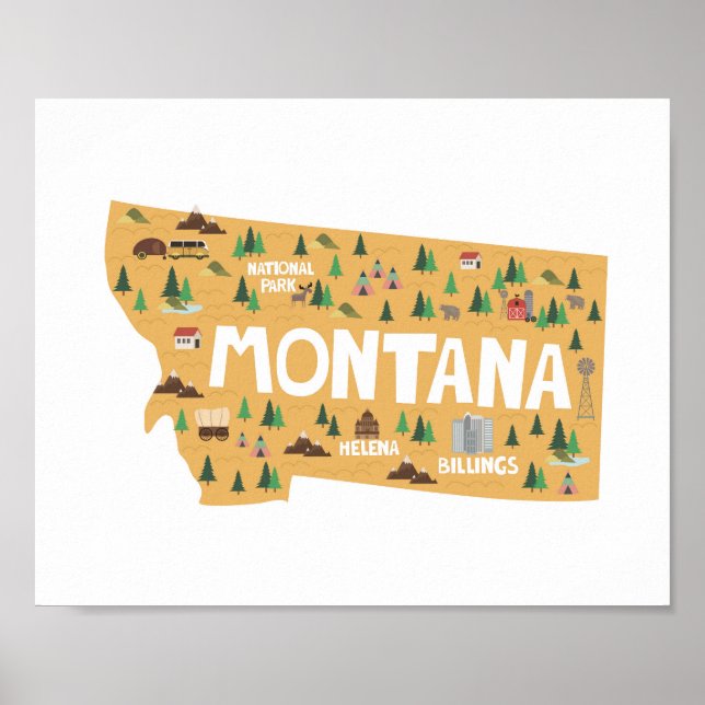 Poster Mapa de Pontos de Referência do Ícone de Montana (Frente)