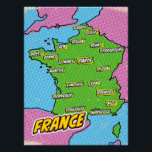 Pôster Mapa de pop Art Ilustrado da França<br><div class="desc">A pop Art Ilustrou a França Mapa europeu num belo estilo de vintage vestido.</div>