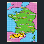 Poster Mapa de pop Art Ilustrado da França<br><div class="desc">A pop Art Ilustrou a França Mapa europeu num belo estilo de vintage vestido.</div>