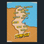Pôster Mapa de pop Art Ilustrado da Tunísia<br><div class="desc">Pop Art Ilustrou mapa africano da Tunísia em um belo estilo de vintage vestido.</div>
