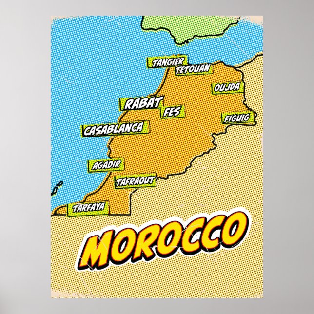 Poster Mapa de pop Art Ilustrado em Marrocos (Frente)