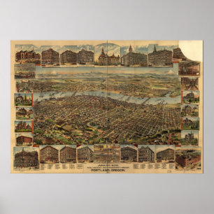 Pôster Mapa de Portland, Birds-Eye View, 1890