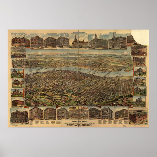 Pôster Mapa de Portland, Birds-Eye View, 1890 (Frente)