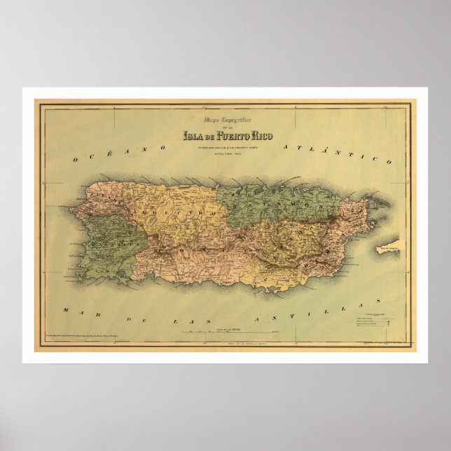 Pôster Mapa de Porto Rico por Colton 1886 (Frente)