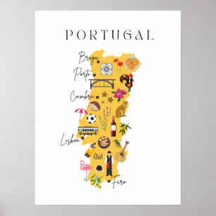 Poster Mapa de Portugal com as principais cidades e vário