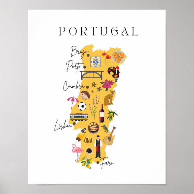 Poster Mapa de Portugal com as principais cidades e vário (Frente)