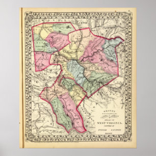 Poster Mapa de Putnam, Kanawha, condados de Boone