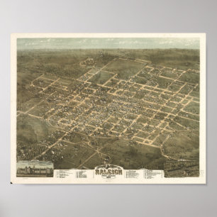 Poster Mapa de Raleigh Carolina do Norte em 1872