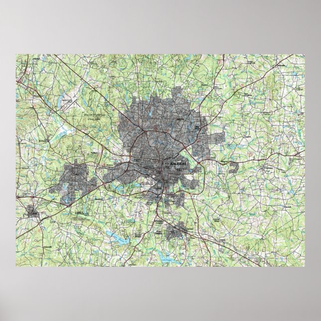 Pôster Mapa de Raleigh na Carolina do Norte (1990) (Frente)