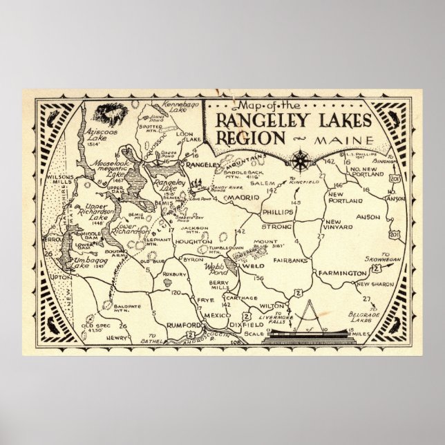 Pôster Mapa de Rangeley Lagos Maine Vintage (Frente)
