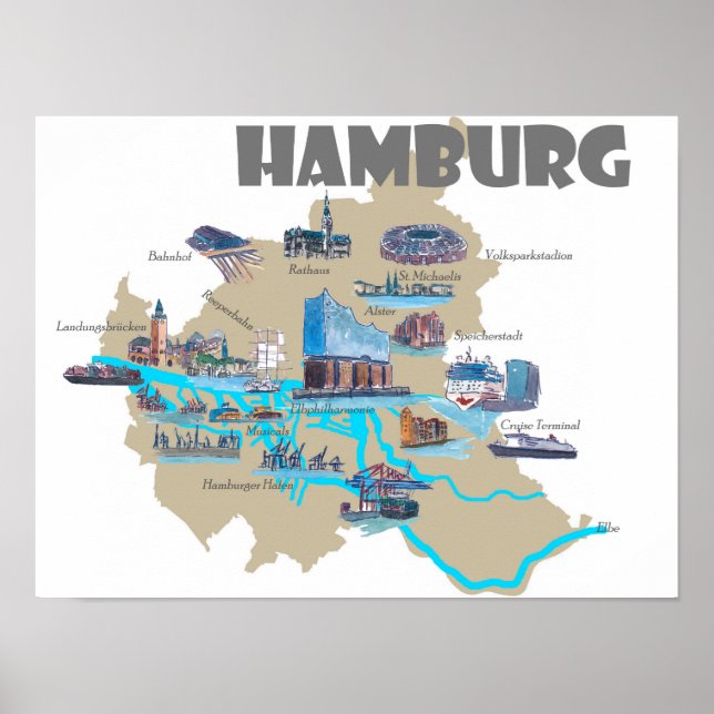 Pôster Mapa de realces de Hamburgo (Frente)