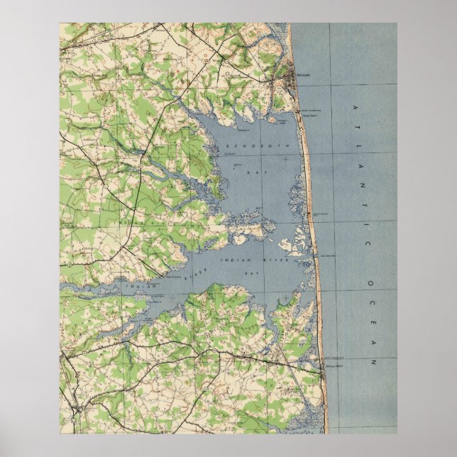 Pôster Mapa de Rehoboth & Bethany Beach DE (1944) (Frente)
