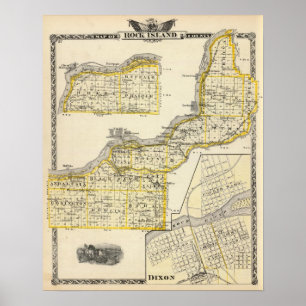Pôster Mapa de Rock Island County e de Dixon