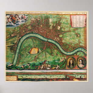Pôster Mapa de Rua Antigo do Século 17 Londres, Inglaterr