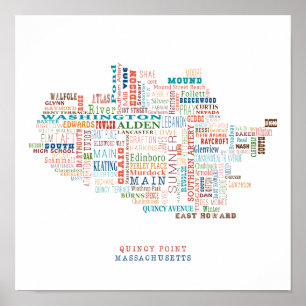 Pôster Mapa de ruas da vizinhança de Massachusetts do