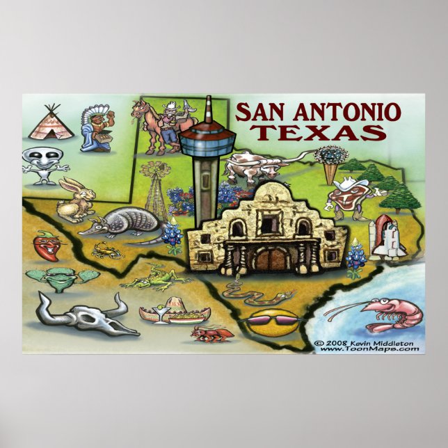 Pôster Mapa de San Antonio TEXAS (Frente)