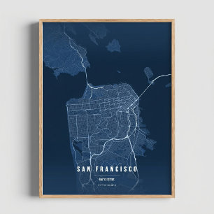 Poster Mapa de San Francisco em Azul para Decoração de Pa