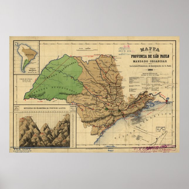 Poster Mapa de São Paulo, Brasil (1886) (Frente)