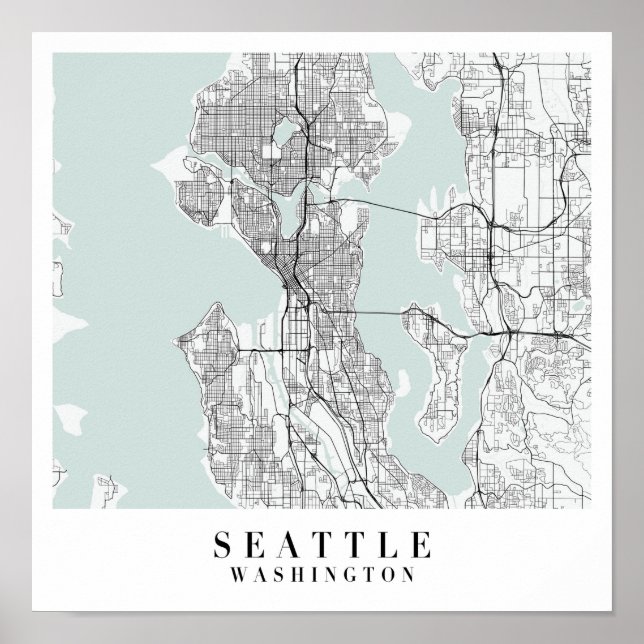 Poster Mapa de Seattle Washington Blue Water Street (Frente)