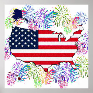 Pôster Mapa de Sinalizador EUA e Fireworks com Textura