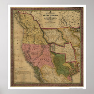 Poster Mapa de Texas, de Oregon & de Califórnia - 1846