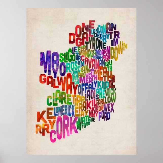 Poster Mapa de Texto do Condado de Eire na Irlanda (Frente)