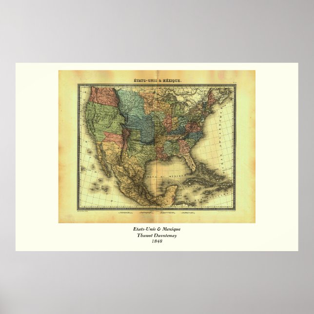 Pôster Mapa de Thunot Duvotenay de 1848: Etats-Unis & Mex (Frente)